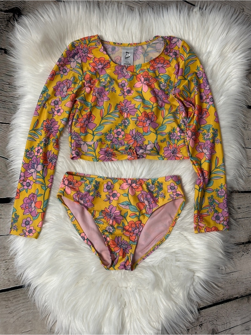 art class Yellow Floral Long Sleeve Kids Rash Guard Set Size L (10/12)